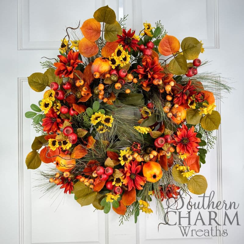 Compact Fall Pomegranate Daisy Wreath