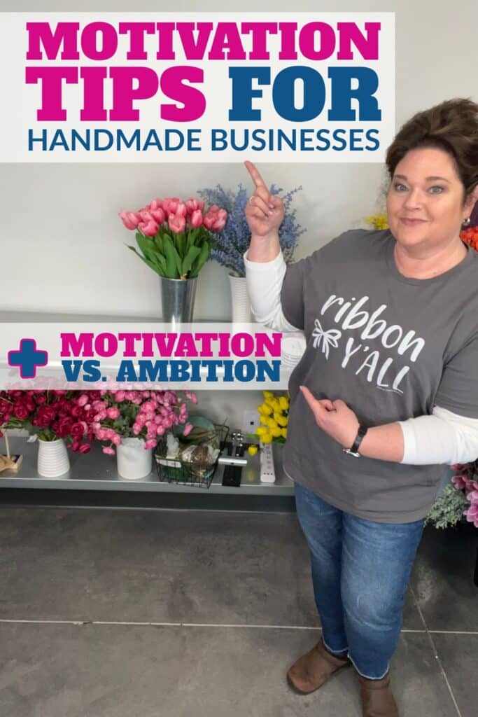 Julie Siomacco smiling in her craft room surrounded by ribbons and wreath supplies with text overlay “Motivation vs Ambition: How to Stay Motivated in Your Handmade Business – Southern Charm Wreaths.”