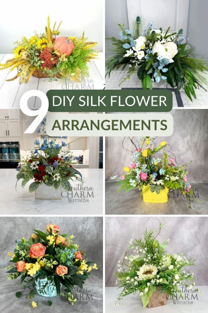 collage of 6 photos featuring various silk flower arrangements
Text: 9 Silk Flower Arrangement Tutorials for Every Season and Occasion