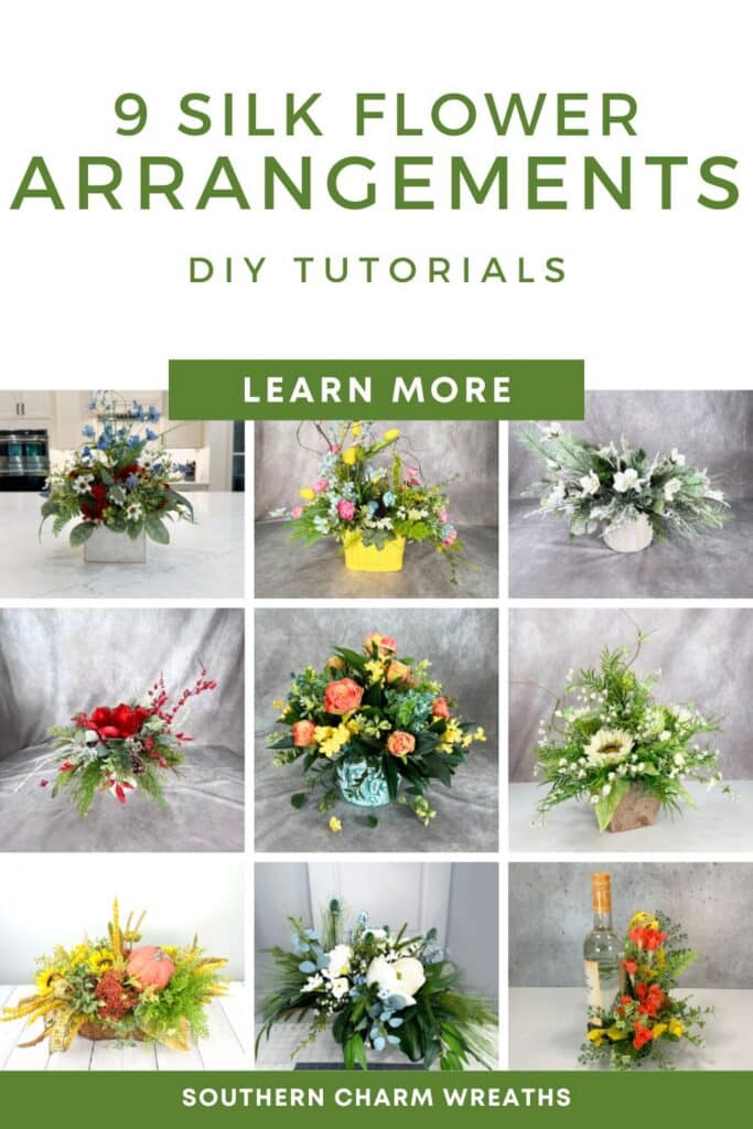 Collage of 9 silk flower arrangements.