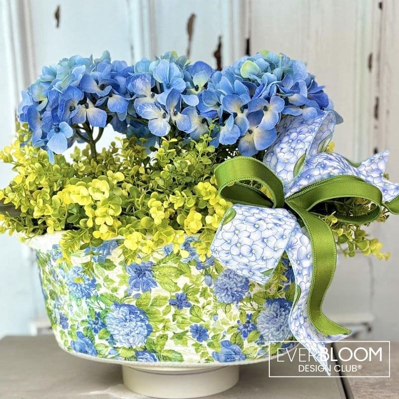 Blue Hydrangea Centerpiece in Decoupaged White Cotton Woven Basket - SH