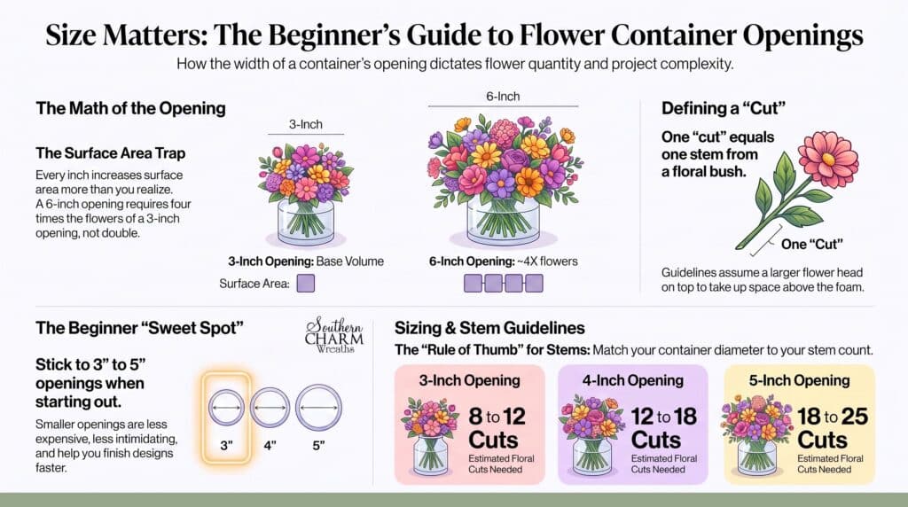 An infographic titled 'Flower Container Opening Size Guide' that explains how the size of a container's mouth determines the number of flowers needed for a silk floral arrangement. It outlines a general rule of thumb for flower cuts based on the container opening size: a 3-inch opening requires 8 to 12 cuts, a 4-inch opening requires 12 to 18 cuts, and a 5-inch opening requires 18 to 25 cuts. The infographic also includes a pro-tip advising beginners to stick to 3- to 5-inch containers because they are less expensive, have easier mechanics, are quicker to complete, and help build confidence faster.