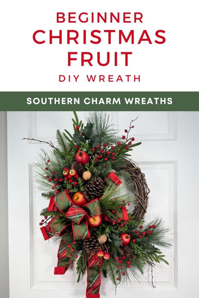 Text above photo of Christmas grapevine wreath with faux fruit.
Text - Beginner Christmas Fruit DIY Wreath