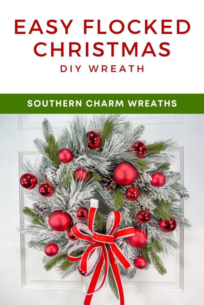 Pin graphic with red text reading Easy Flocked Christmas DIY Wreath and a green Southern Charm Wreaths banner above a red and white flocked Christmas wreath on a white door.