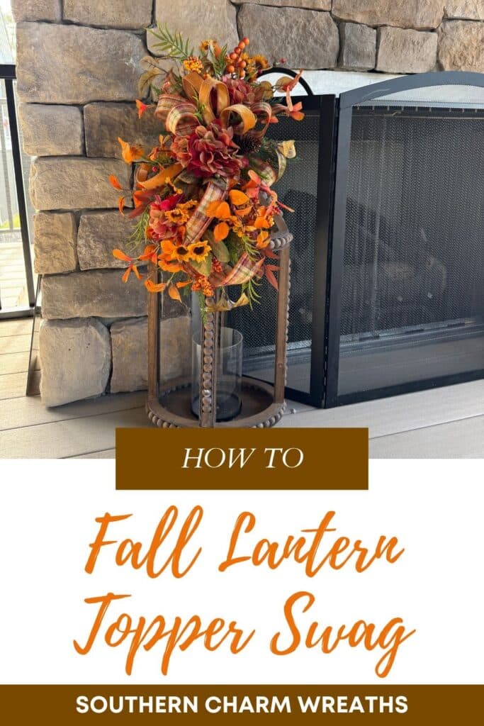 How to make a fall lantern topper swag with burgundy hydrangeas, mini sunflowers, orange fall leaves, berry picks, and plaid ribbon wired onto a wood beaded lantern by a stone fireplace.