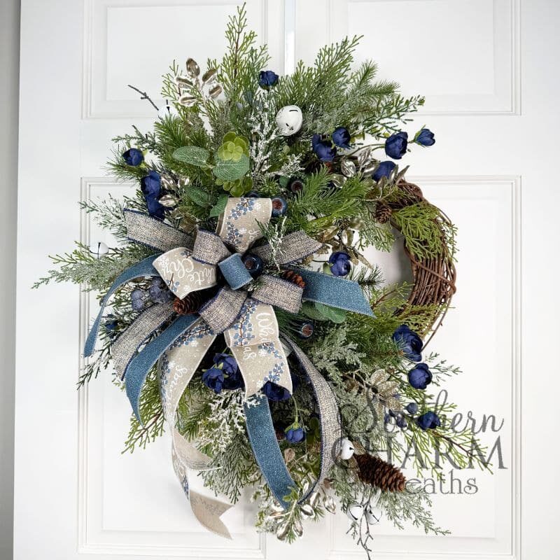 Blog - Blue Winter Christmas Grapevine Wreath (1) DIY blue and silver winter wreath design