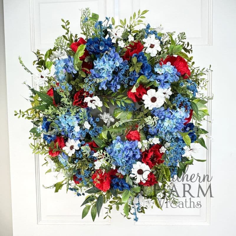 Blog - Compact Patriotic Hydrangea & Poppy Grapevine Wreath