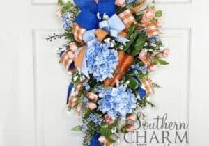 complementary color spring easter swag wreath on white door