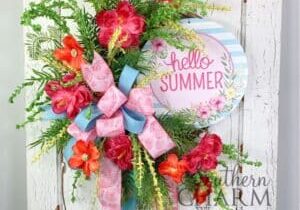hello summer grapevine wreath on white door