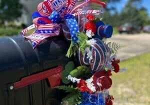 patriotic themed garland swag on mailbox