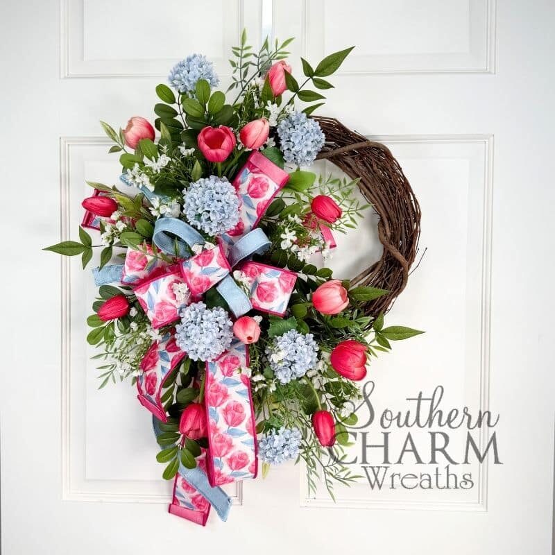 Blog - Pink Blue Tulip Grapevine Wreath