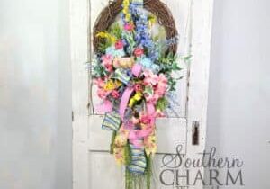 summer blue pink wreath on white door