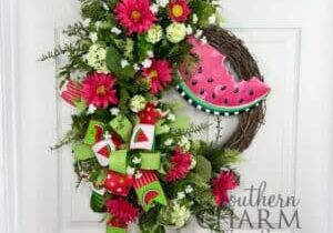 watermelon themed wreath on white door