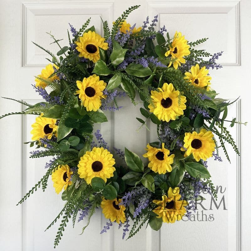 sunflower lavender grapevine wreath on white door