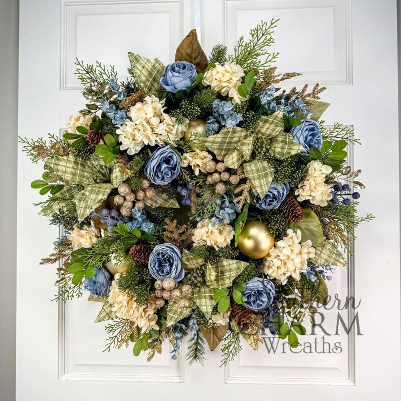 Christmas Wreath Masterclass - Blue Green Poinsettia Compact Evergreen Wreath