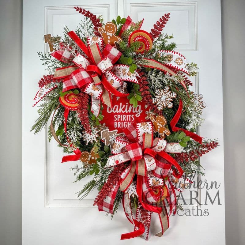 Christmas Gingerbread Wreath with Baking Spirits Bright Sign and two bows