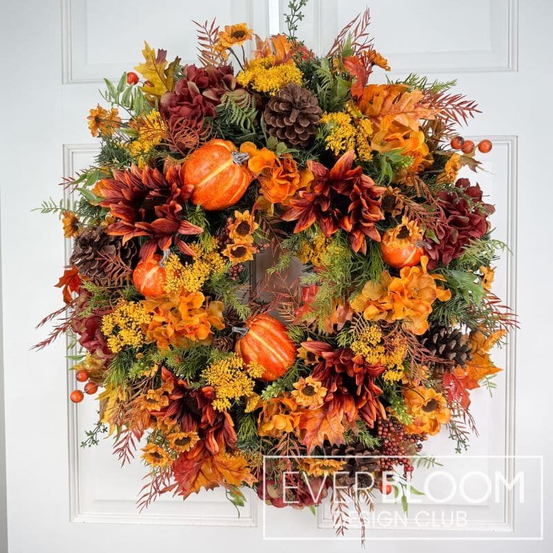 Everbloom - Compact Fall Pumpkin Hydrangea Sunflower Wreath