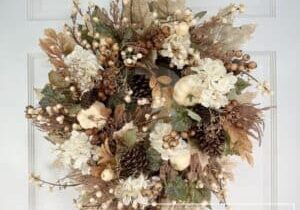 Everbloom - Fall Cream Hydrangea Pumpkin Pinecone Grapevine Wreath