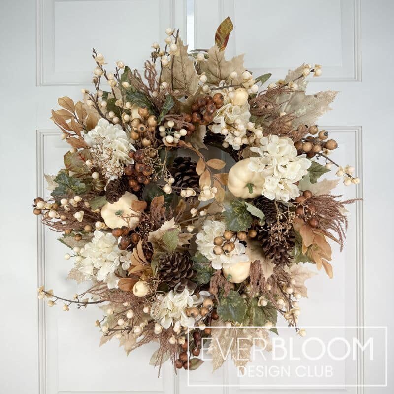 Everbloom - Fall Cream Hydrangea Pumpkin Pinecone Grapevine Wreath