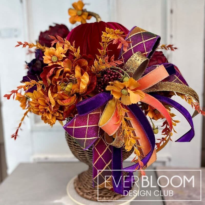 Everbloom - Fall Jewel Toned Floral & Pumpkin Rattan Arrangement
