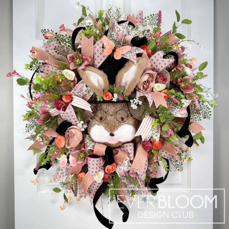 Everbloom - Peach & Black Deco Mesh Easter Bunny Wreath