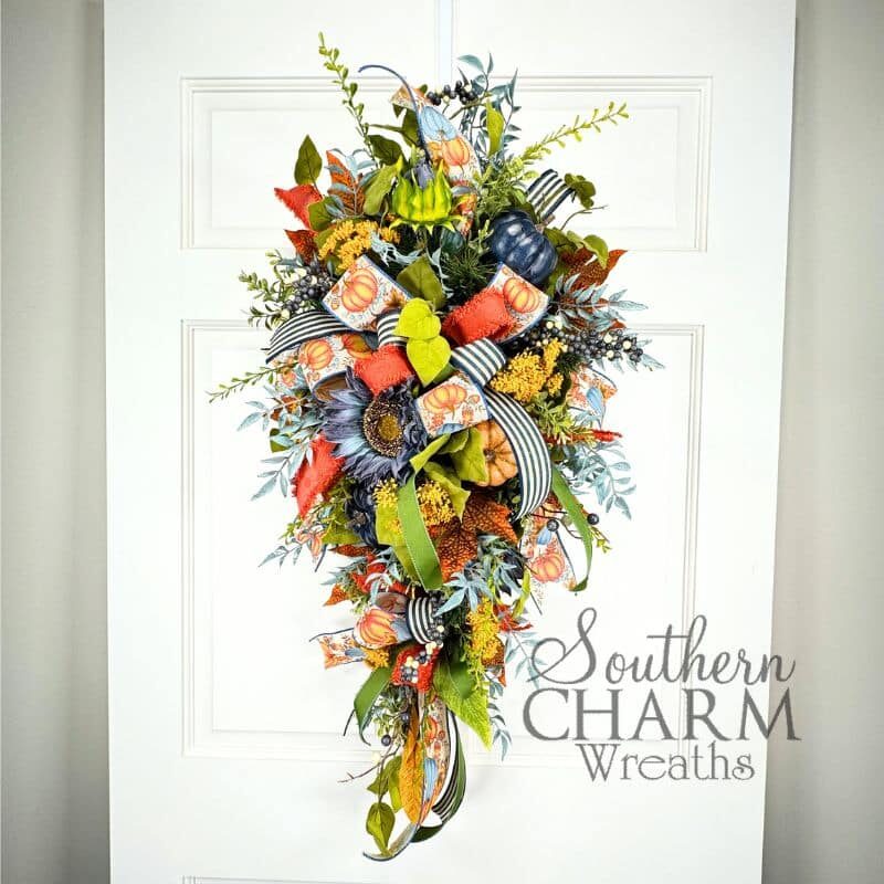 FallSwagMasterclass - Blue Pumpkin Sunflower Fall Swag Wreath