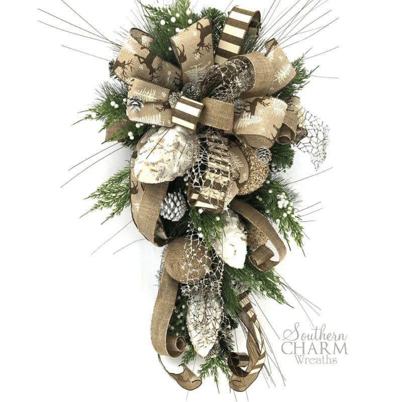 How to make a christmas teardrop swag with brown pine cones