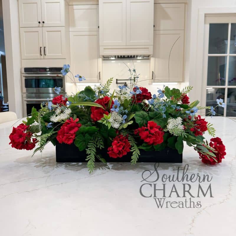 Stars Stripes Sales - Patriotic Farmhouse Long & Low Geranium Arrangement