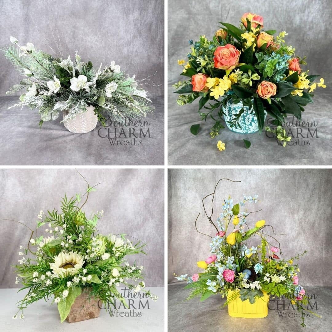 collage of 4 different silk flower arrangements that you can DIY